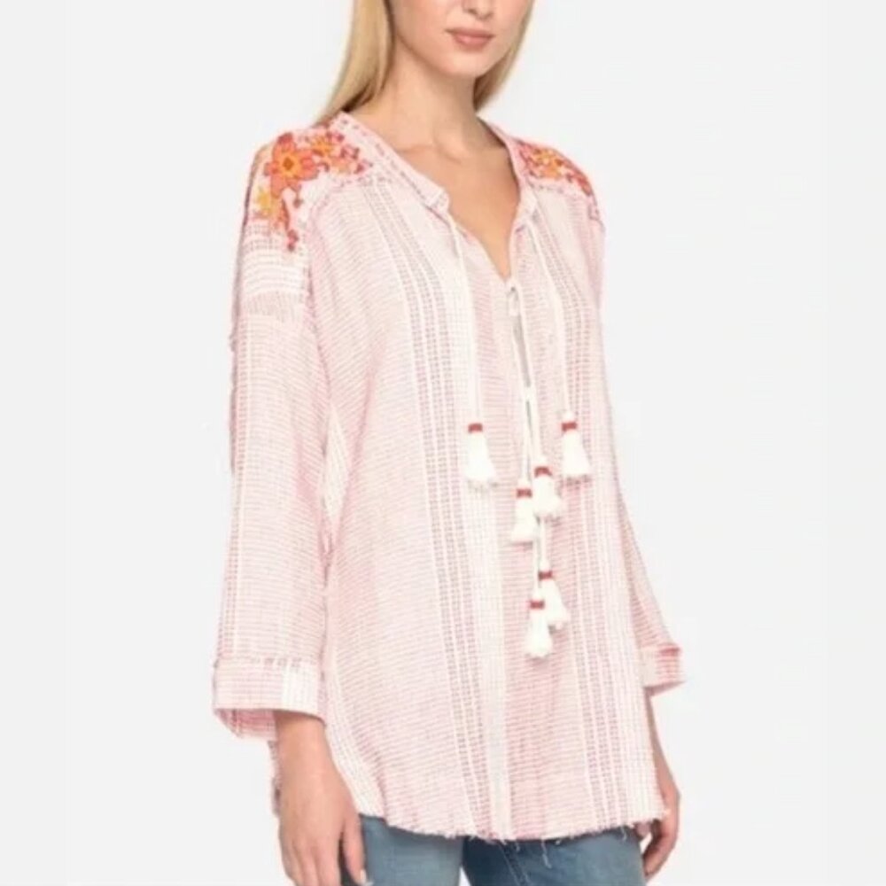 Johnny Was Jacques Red White Lace-Front Tasseled Boho Beaded Blouse